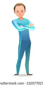Little boy in tracksuit. Guy got ready for sports activities. Cheerful person. Standing pose. Cartoon comic style flat design. Single character. Illustration isolated on white background. Vector.