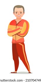 Little boy in tracksuit. Guy got ready for sports activities. Cheerful person. Standing pose. Cartoon comic style flat design. Single character. Illustration isolated on white background. Vector.