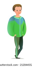 Little boy in tracksuit. Guy got ready for sports activities. Cheerful person. Standing pose. Cartoon comic style flat design. Single character. Illustration isolated on white background. Vector.