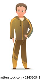 Little boy in tracksuit. Guy got ready for sports activities. Cheerful person. Standing pose. Cartoon comic style flat design. Single character. Illustration isolated on white background. Vector.