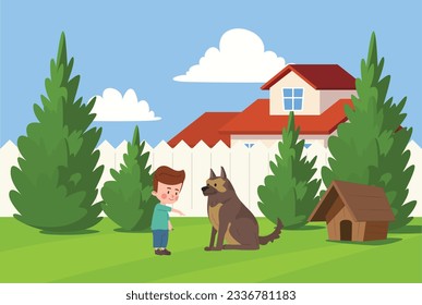 Little boy training big dog to do tricks on the lawn near the house and booth. Child teaches shepherd dog to sit command. Cartoon vector illustration of pet commands. Children and pet friendship