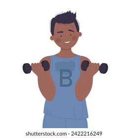 Little boy training with dumbbells. Sport activity for children cartoon vector illustration