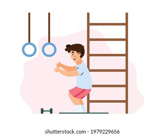 Little boy training at home or doing morning exercises, cartoon vector illustration isolated on white background. Kids daily sport activity and schedule concept.
