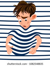 Little boy trapped in a striped background. Vector cartoon character funny faces