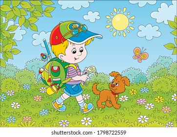 Little boy traveler with a backpack, a map, a compass and his small pup walking through a forest on a sunny summer day, vector cartoon illustration