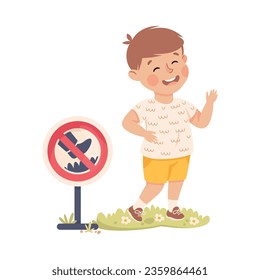 Little Boy Treading on Lawn Having Bad Behavior Vector Illustration