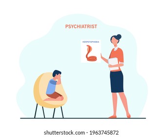 Little boy treating phobia on psychotherapy session. Psychotherapist, cobra, herpetophobia flat vector illustration. Mental health and psychology concept for banner, website design or landing web page