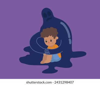 El niño tropezó en la depresión, el niño sentado en la harina triste, Inseguridad, y niños de acoso. Un chico triste. Diseño plano. Acoso escolar y acoso a niños. Ilustración plana abstracta. Vector