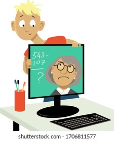 Little Boy Trying To Hide From A Teacher, Conducting An On-line Class, EPS 8 Vector Illustration