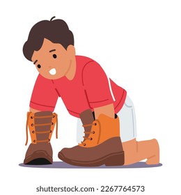 Little Boy Trying On His Father's Shoes, Giving A Glimpse Into His Playful And Imaginative World. Concept of Familial Bonding Or Children's Footwear. Cartoon People Vector Illustration