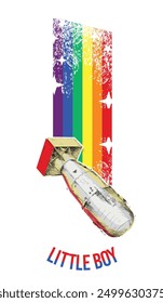 Kleiner Junge. T-Shirt-Design einer Atombombe mit einem Regenbogen. Schwuler Stolz.