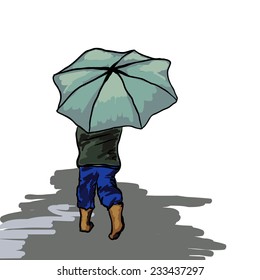 Little boy with umbrella. Vector hand drawn illustration isolated on white background.
