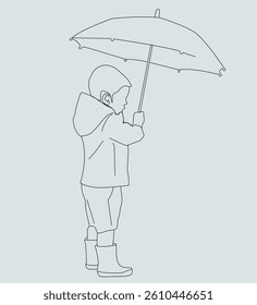 little boy with umbrella.Happy boy using umbrella and rain coat at rainy. Single line 