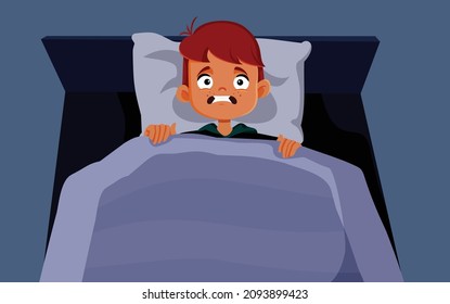 
Niño pequeño incapaz de dormir por miedo a la caricatura del vector oscuro. Niña pequeña con miedo de dormir sola con problemas para quedarse dormida
