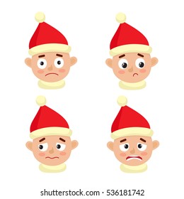 Little boy upset face expression, set of cartoon vector illustrations isolated on white background. Set of kid in santa hat emotion face icons, facial expressions.