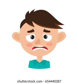 Little boy upset face expression, cartoon vector illustrations isolated on white background. Kid emotion face icons, facial expressions.