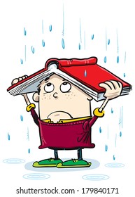 Little boy use book like protection of rain.