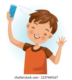 Little boy use cell phone of selfie. Smile at the camera with negative emotions. Cartoon character vector illustration isolated on white background.

 