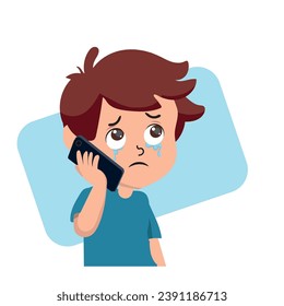 Niño pequeño usa teléfono celular. Hablando con emociones negativas. Ilustración vectorial de caricatura aislada en fondo blanco.