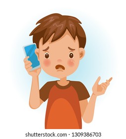 Little boy use cell phone.Talking with negative emotions. Cartoon character vector illustration isolated on white background.