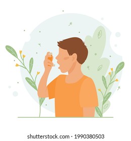 Little boy uses an asthma inhaler against an allergic attack. World asthma day. Child allergy, asthmatic. Inhalation medicine. Bronchial asthma. Vector flat concept illustration