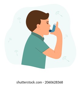 Little Boy uses an asthma inhaler against attack. World asthma day. Allergy,Bronchial asthma kids.Vector  illustration