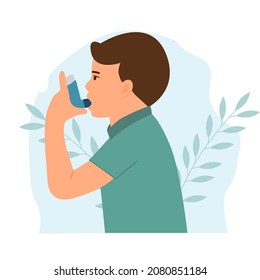 Little Boy uses an asthma inhaler against attack. World asthma day. Allergy,Bronchial asthma kids.Vector  illustration