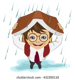 Little boy using book like protection of rain