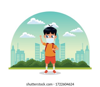 little boy using face mask for covid19 in the camp vector illustration design