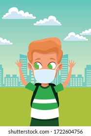 little boy using face mask for covid19 in the camp vector illustration design