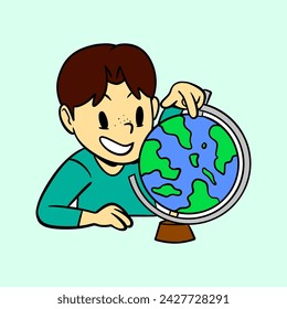 Little Boy Using Globe Vector Illustration