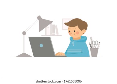 Niño pequeño que usa laptop en el lugar de trabajo. Educación en línea y cursos para niños. Ilustración vectorial en estilo minimalista de moda sobre fondo blanco