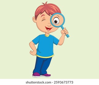 Little boy using magnifying glass vector illustration