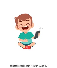 little boy using mobile phone and laugh