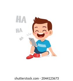 little boy using mobile phone and laugh