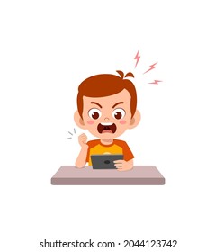 little boy using mobile phone and angry