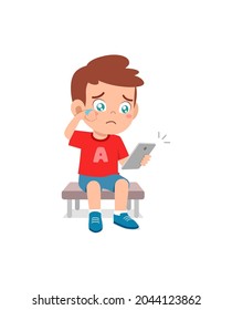 niño pequeño usando teléfono móvil y llorar