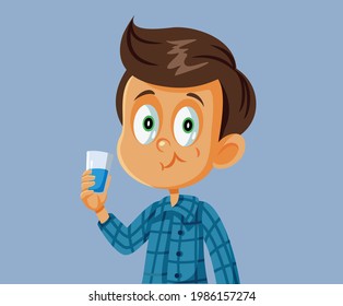 Little Boy Using Mouth Wash Vector Illustration. Child Respecting Oral Hygiene Rules For Good Dental Health
