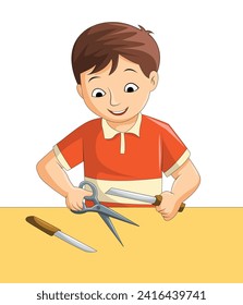 Little boy using sharp objects such as scissors and knife