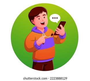 Little boy using smartphone and feeling happy