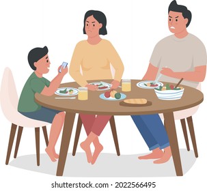 Little Boy Using Smartphone While Eating Semi Flat Color Vector Character. Full Body People On White. Irritated Parents Isolated Modern Cartoon Style Illustration For Graphic Design And Animation