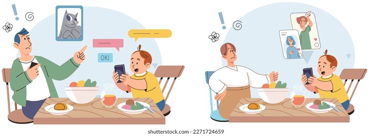 Little boy using tablet, child watching smartphone while eating at kitchen at home. Irritated dad is nervous that kid distracted during feeding and spends too much time with gadgets, phone addiction