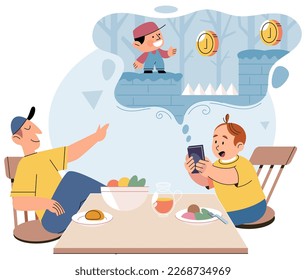 Little boy using tablet, playing video game, child watching smartphone while eating at kitchen at home. Dad sits at table with kid during feeding, son spends too much time with gadget, phone addiction