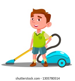 Little Boy With Vacuum Cleaner Helps To Do House Cleaning Vector. Isolated Illustration