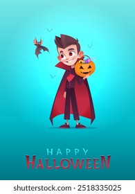 Niño pequeño en vampiro disfraz de Halloween. Niño lindo que sostiene la cesta de la calabaza con los caramelos. Murciélago volador. Truco o trato Anuncio o postal. Letras de Feliz Halloween. Ilustración vectorial de dibujos animados