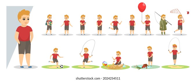 Little boy in various gesture expression poses. Male child shows different emotion set. Cute kid character play and rejoice, sad and cry, stand and sit. Vector isolated collection eps illustration