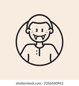 Little boy vector avatar emoji style with halloween teeth, freckles, curly hair and happy face outline iconic vector line art