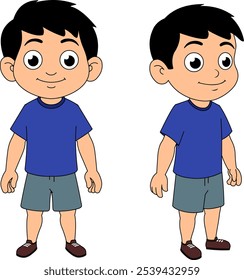 Little Boy Vetor, Personagem Menino Fofo, frente, frente três quatro, azul, ilustração de personagem infantil