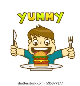 Little boy is very happy to eat delicious hamburger and holding a knife and fork awaiting to eat