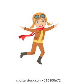 Little Boy In Vintage Pilot Leather Outfit Playing Piloting The Plane Game Imagining His Arms Are Wings
